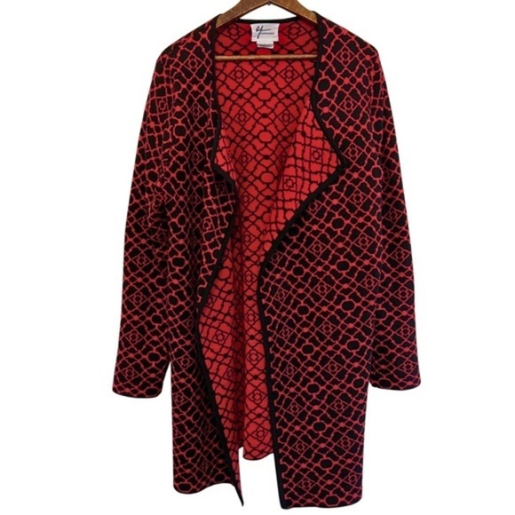 Women's Large Andrea Jovine Red and Black Open Front Cardigan - Picture 3 of 8